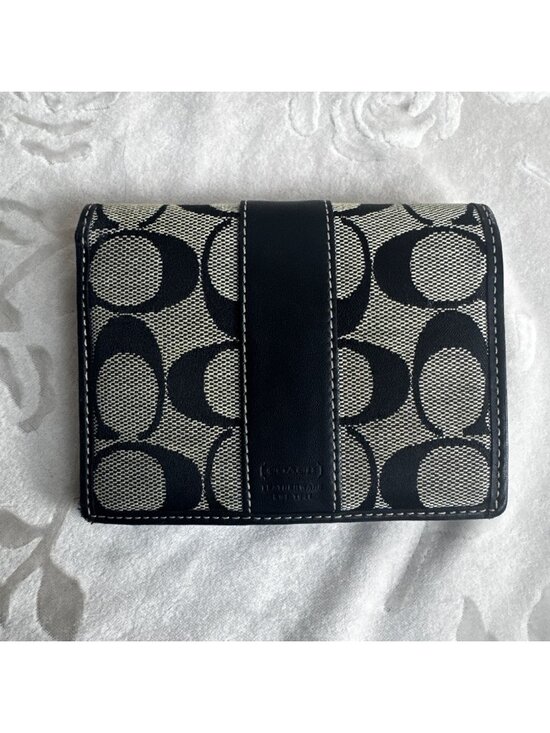 Coach Handbags - Coach Signature Black Leather & Beige Canvas Wallet Snap Medium Bifold Wallet